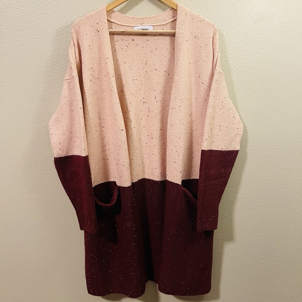 Liz Claiborne Open Long Cardigan Pink Burgundy Color Block Pockets Cabin Sz L